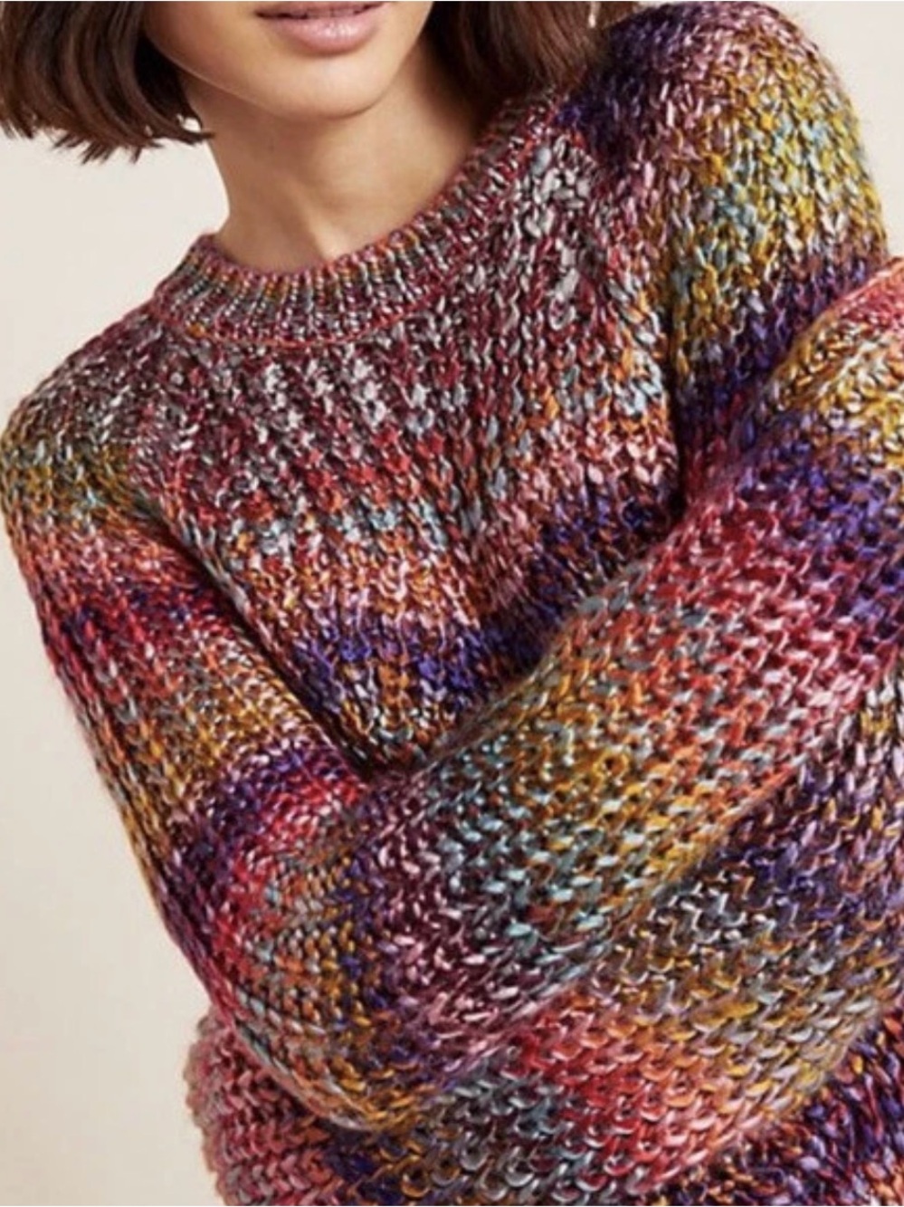 Anthropologie Multicolor Chunky Knit Crewneck Sweater — Red, Purple, Gold, Blue